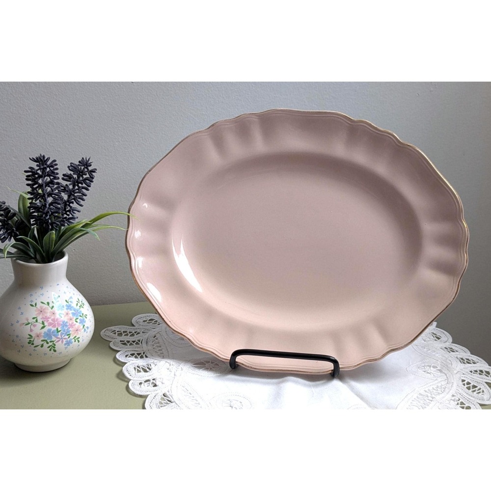 Vintage J&G Meakin Rosa Pink Oval Serving Platter Gold Trim England 11.5 Inch